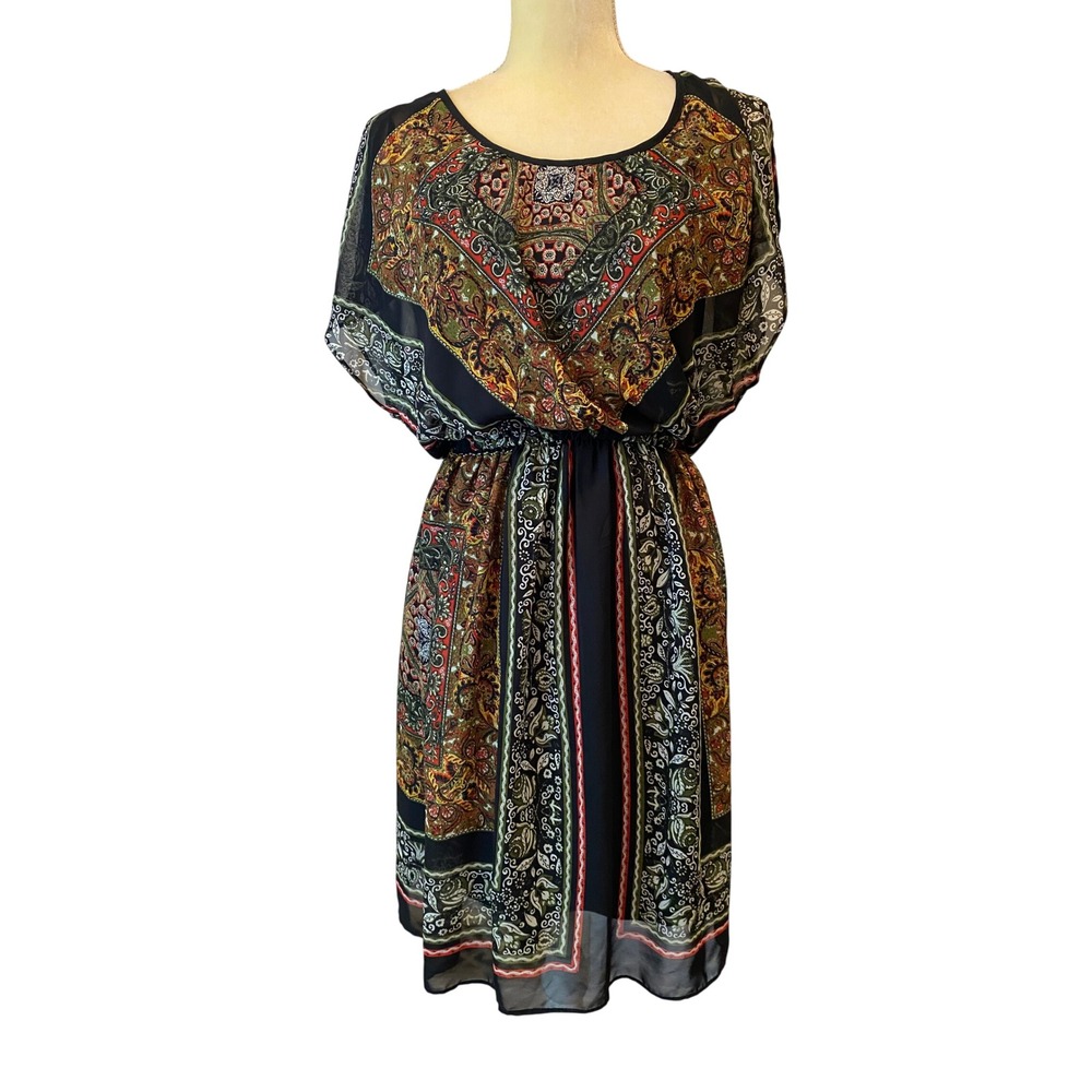 Sandra Darren Womens 6 Paisley Medallion Scarf Print Chiffon Elastic Waist Dress